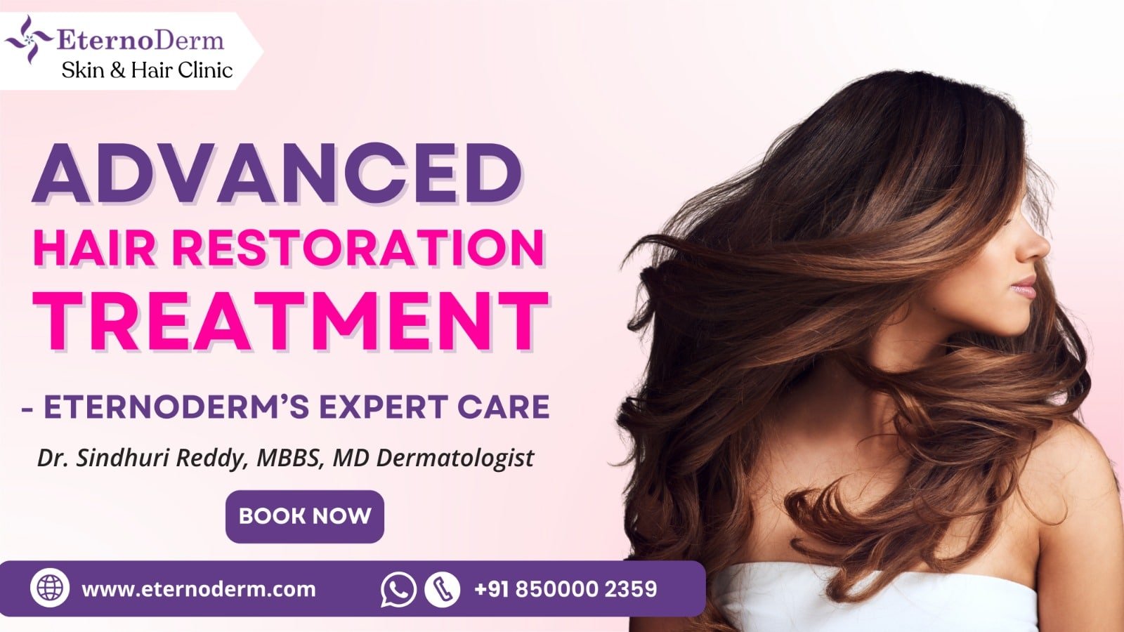 Woman with long healthy hair after advanced hair restoration treatment, EternoDerm Skin & Hair Clinic promotional banner.