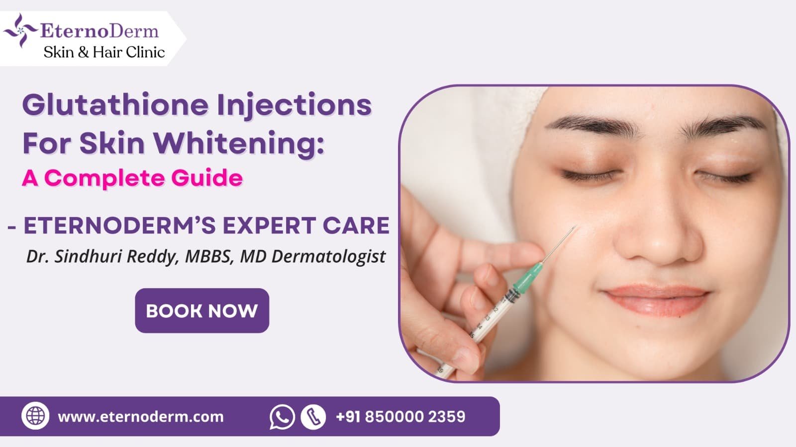 Woman receiving glutathione injection for skin whitening treatment at EternoDerm Skin & Hair Clinic.