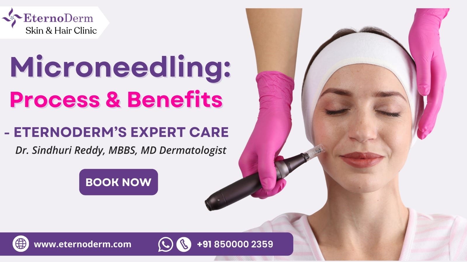 Woman undergoing microneedling facial treatment using dermapen at EternoDerm Skin & Hair Clinic.