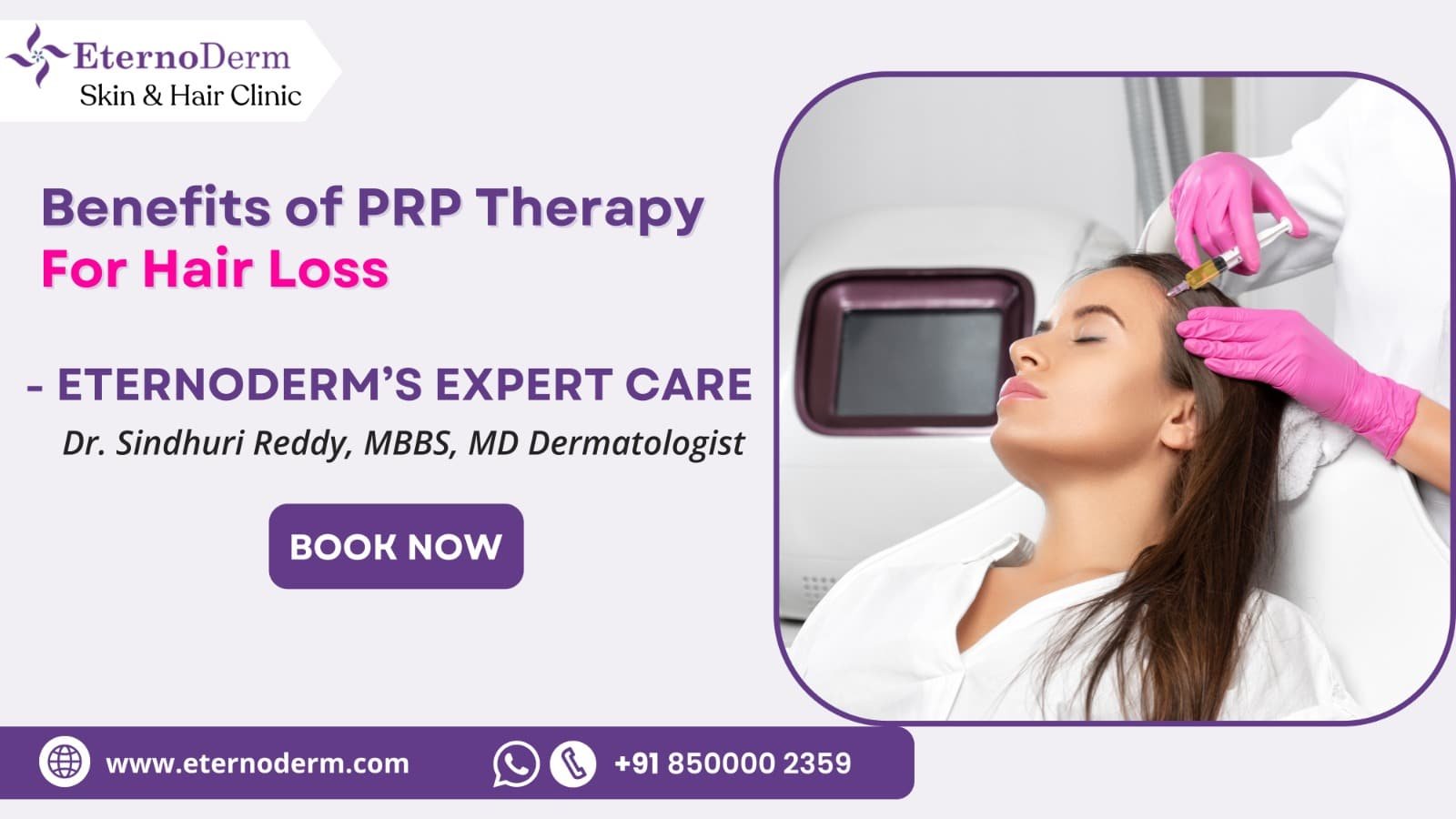 Woman receiving PRP therapy injection on scalp for hair loss treatment at EternoDerm Skin & Hair Clinic.