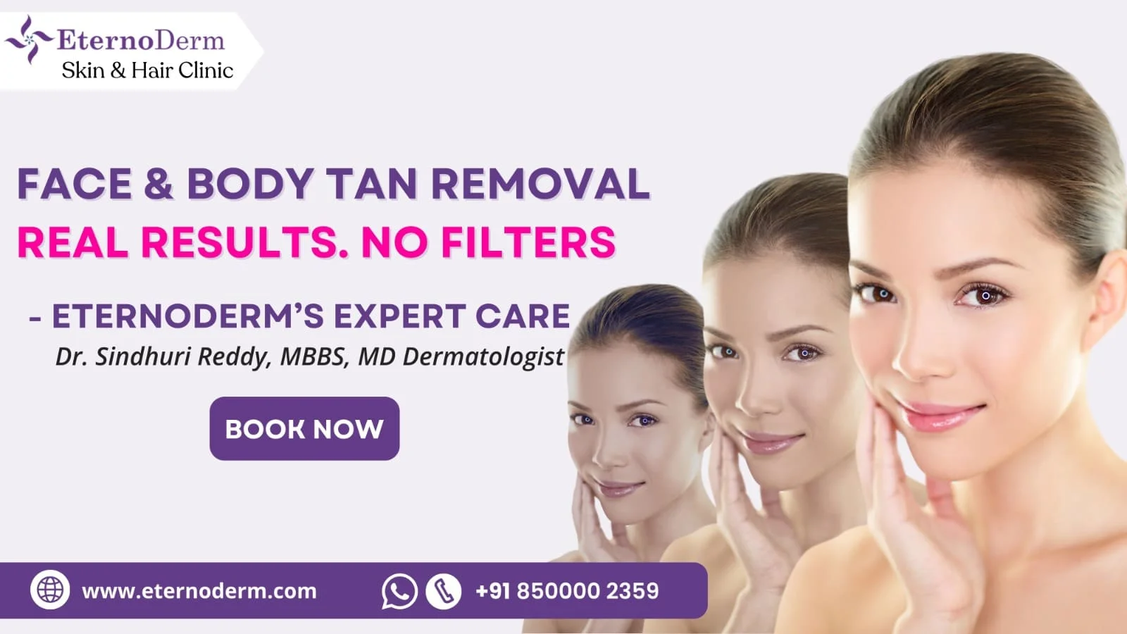 Face and body tan removal treatment results at EternoDerm Skin and Hair Clinic Miyapur with Dr. Sindhuri Reddy