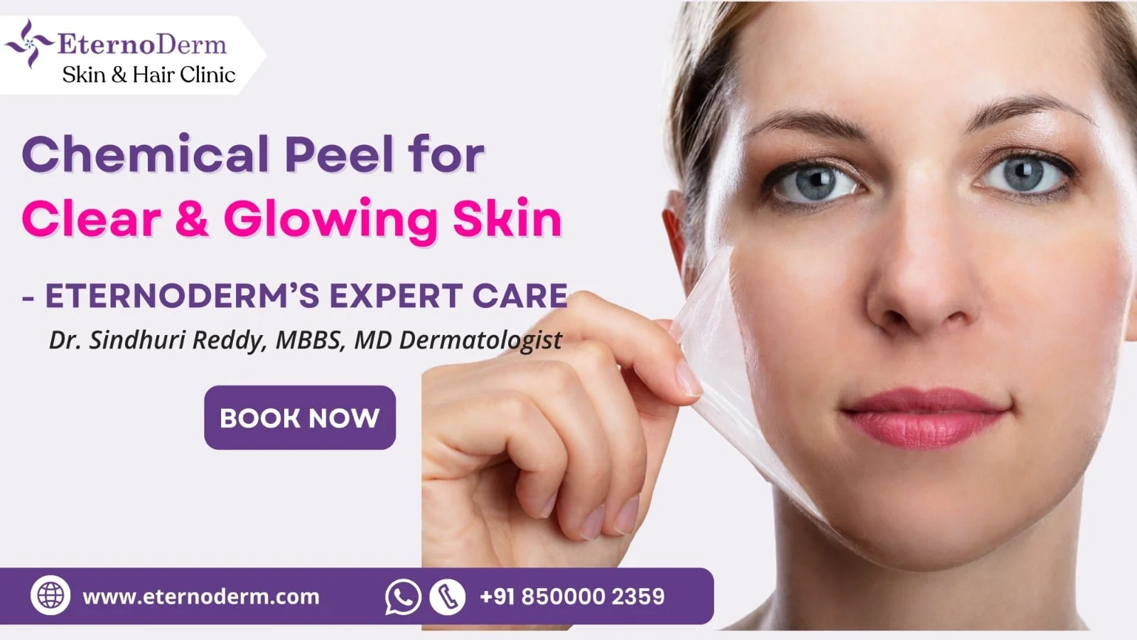 Woman peeling facial skin after chemical peel treatment for clear and glowing skin at EternoDerm Skin & Hair Clinic.
