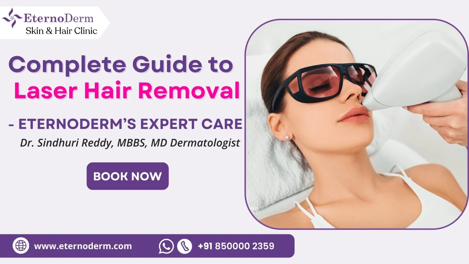 Woman undergoing laser hair removal treatment with protective goggles at EternoDerm Skin & Hair Clinic.