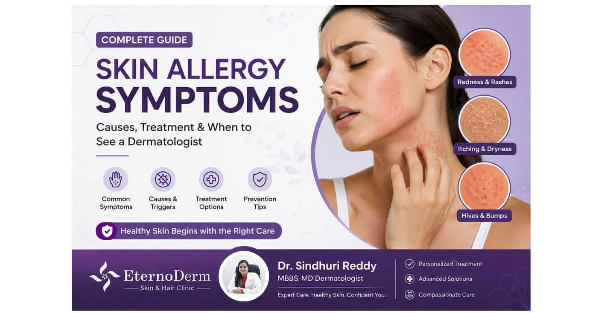 Learn about common skin allergy symptoms, causes, treatment options, home remedies, and when to visit a dermatologist. Expert skin care advice by Dr. Sindhuri Reddy.